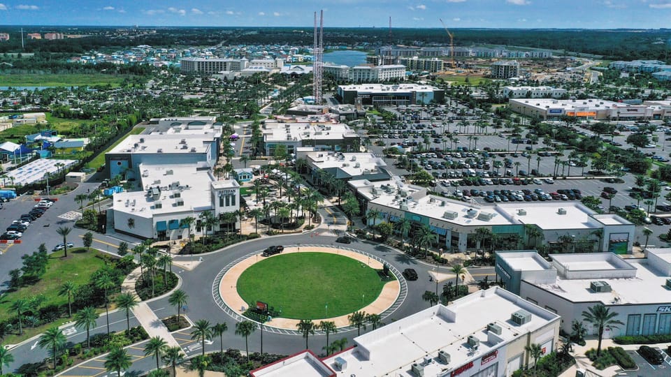 Aerial view of vibrant shopping district with diverse retail and dining options.