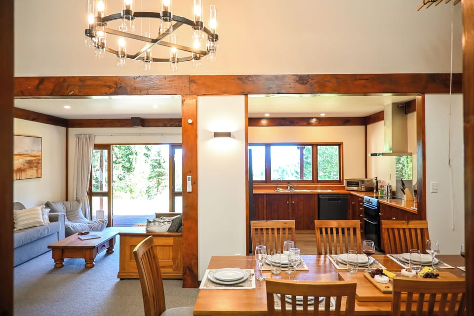 Open plan dining area with mountain views