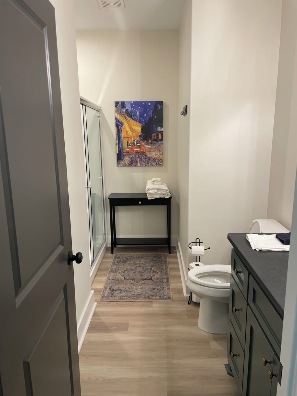 Spacious bathroom with walk in shower and plenty of storage in vanity.