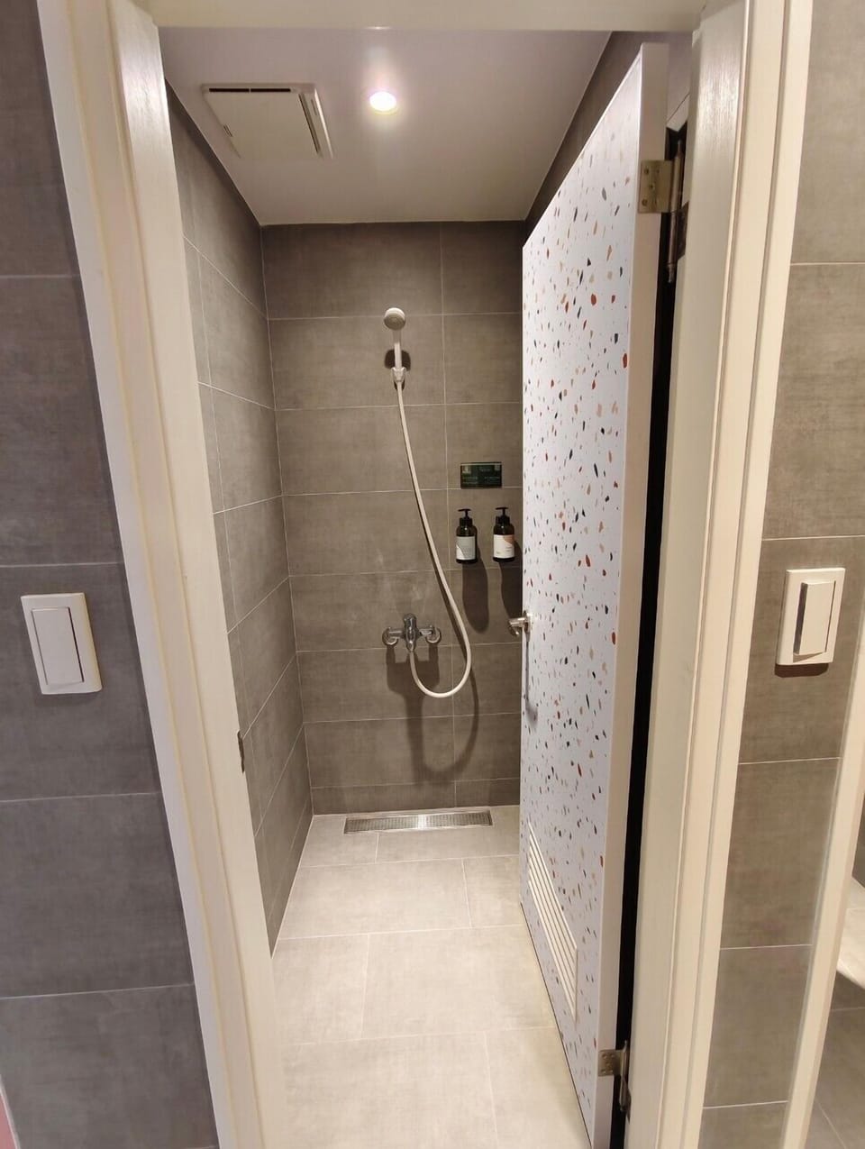 Shower, hair dryer, shampoo, toilet paper