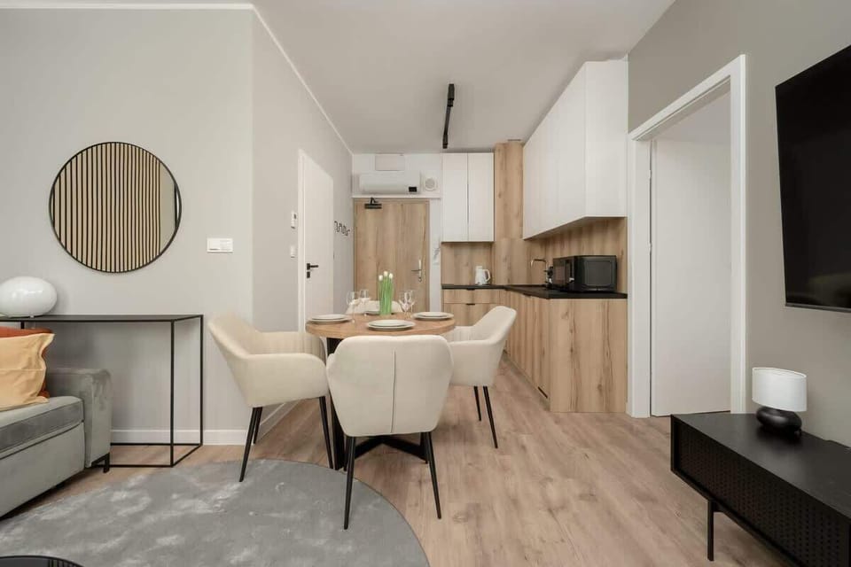 Living room with kitchenette.