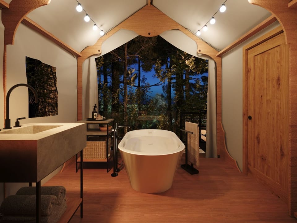 Enjoy a luxurious bath in the heart of nature with this unique outdoor soaking tub.