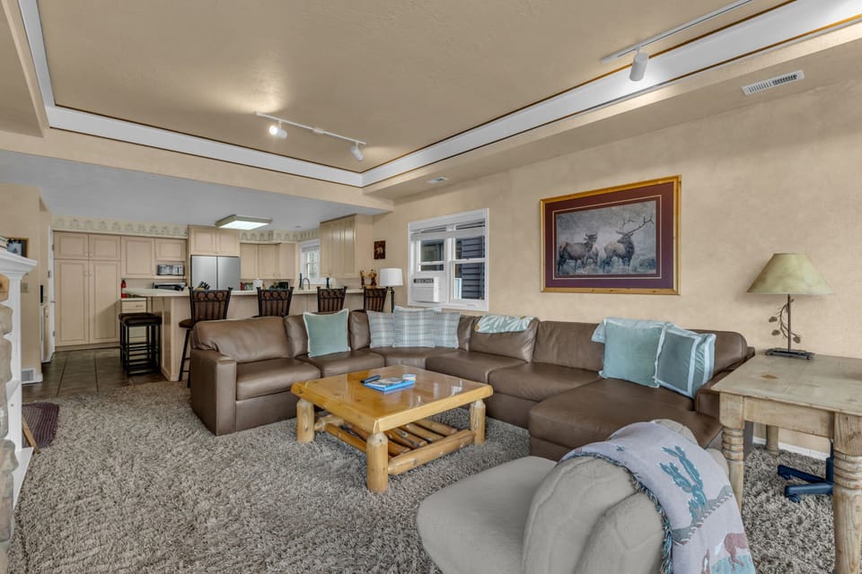 Living room: Smart TV with basic cable, gas fireplace, central heat, window A/C unit and portable fans in summer
