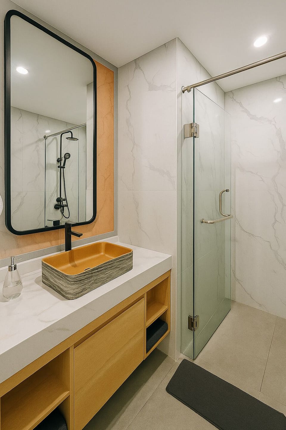 Shower, hydromassage showerhead, free toiletries, hair dryer