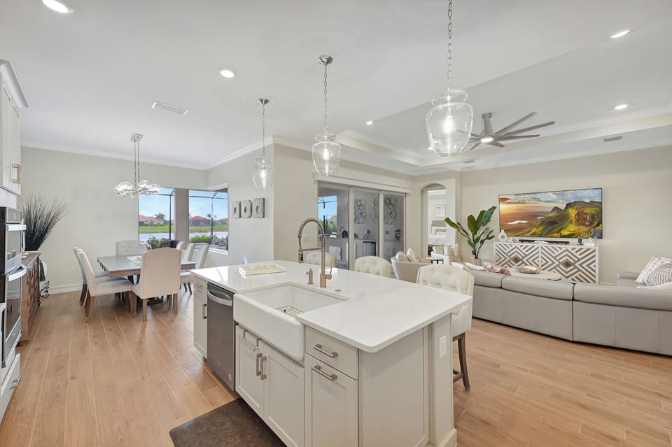 Modern gourmet kitchen with 8 seater dinning space with a million dollar view.