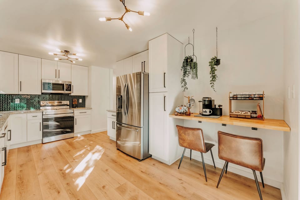 Fully equipped kitchen with everything you will need to cook meals inside! Plus, our favorite part of every morning - coffee! Coffee bar equipped with an introductory amount of coffee and tea for our guests. 