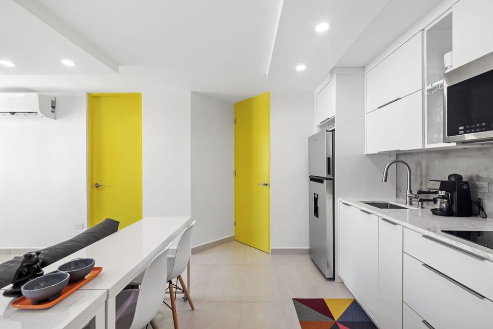 The kitchen seamlessly connects to the living area.