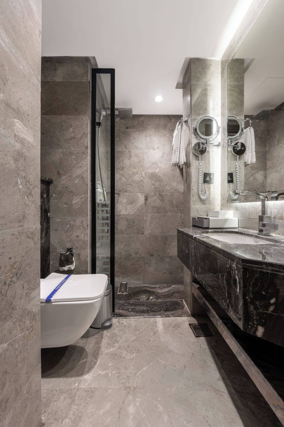 Shower, hair dryer, slippers, bidet