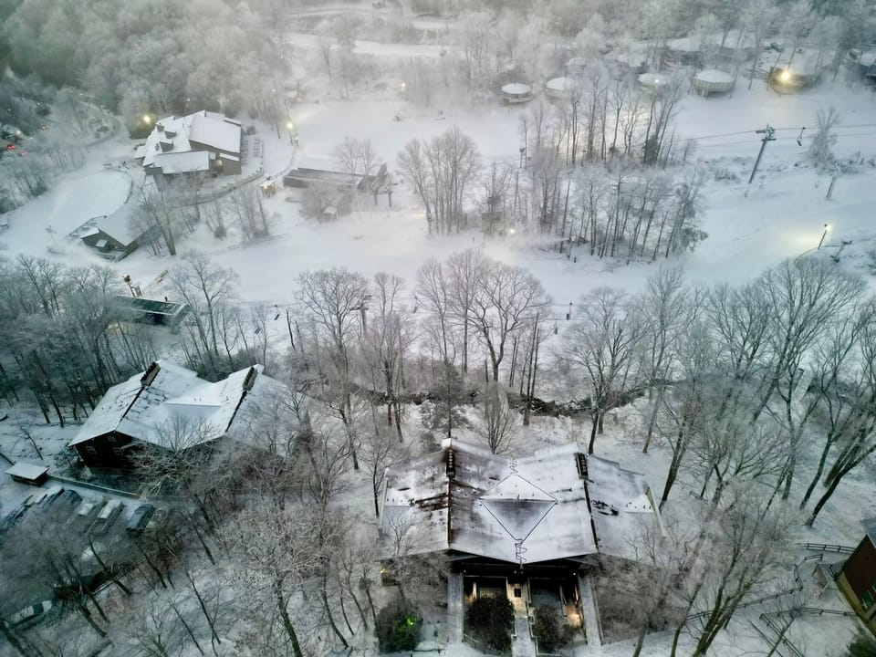 Winter wonderland - walk across the bridge for access to the slopes.