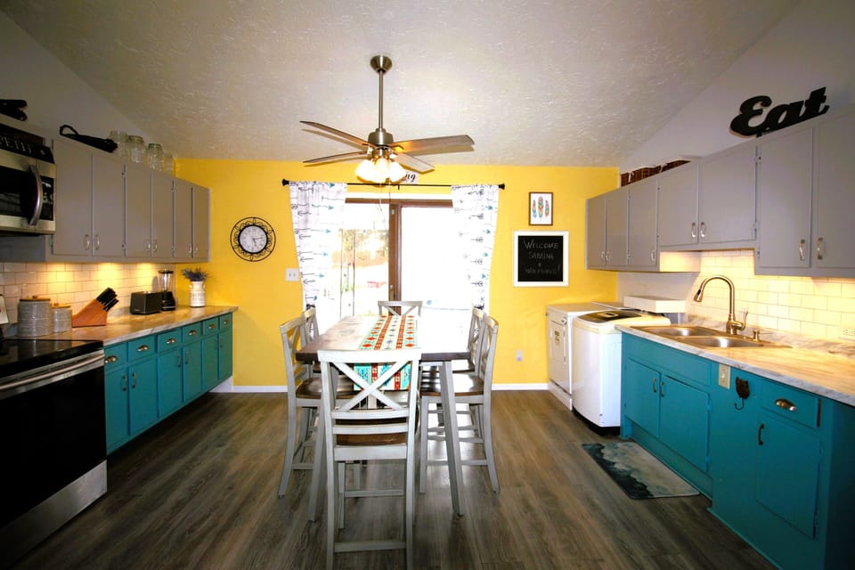 Spacious, well stocked kitchen, coffee maker, washer/dryer and seating for 8