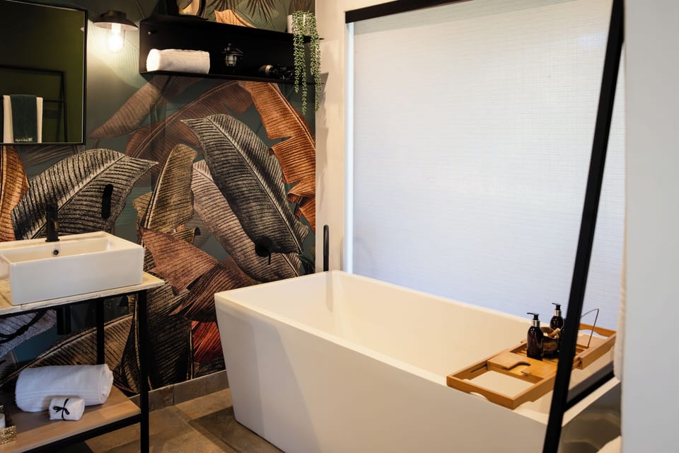 Separate tub and shower, hair dryer, soap, shampoo