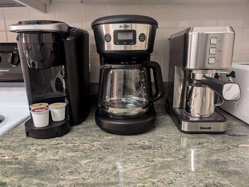 Coffee lovers, this is your happy place, Keurig pods, drip coffee or use the espresso machine which also has a foam maker for those delicious cappuccinos. Also, there is an electric Kettle if Tea is your thing.
