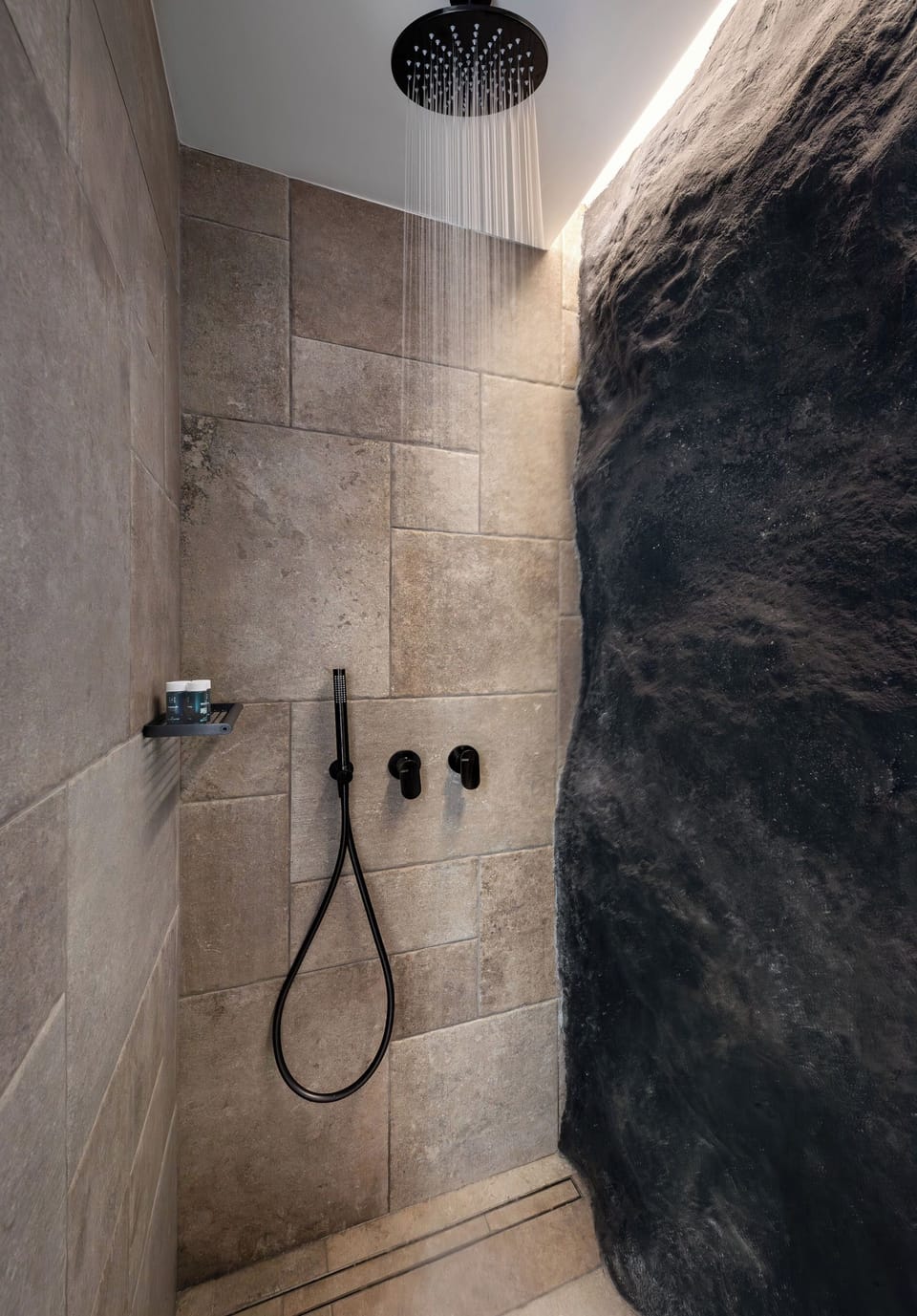Shower, rainfall showerhead, hair dryer, bathrobes