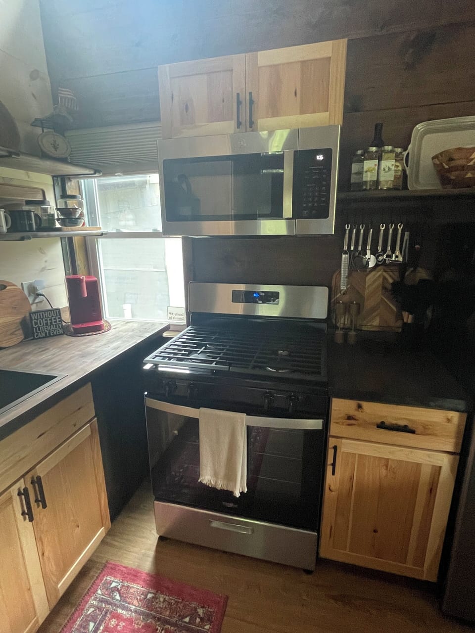 Stove, microwave, basic spices olive oil and cooking utensils.