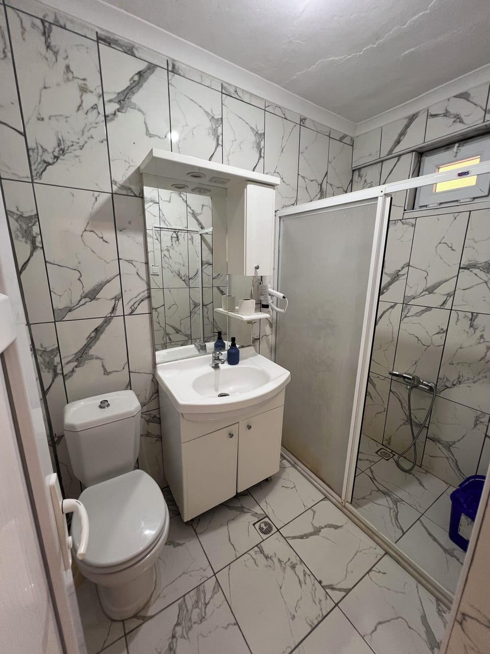 Hair dryer, towels, toilet paper