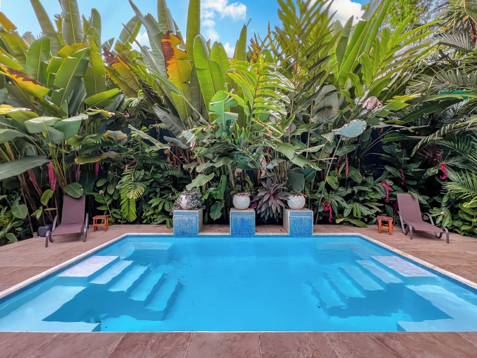 Three fountains provide a restful water sound 