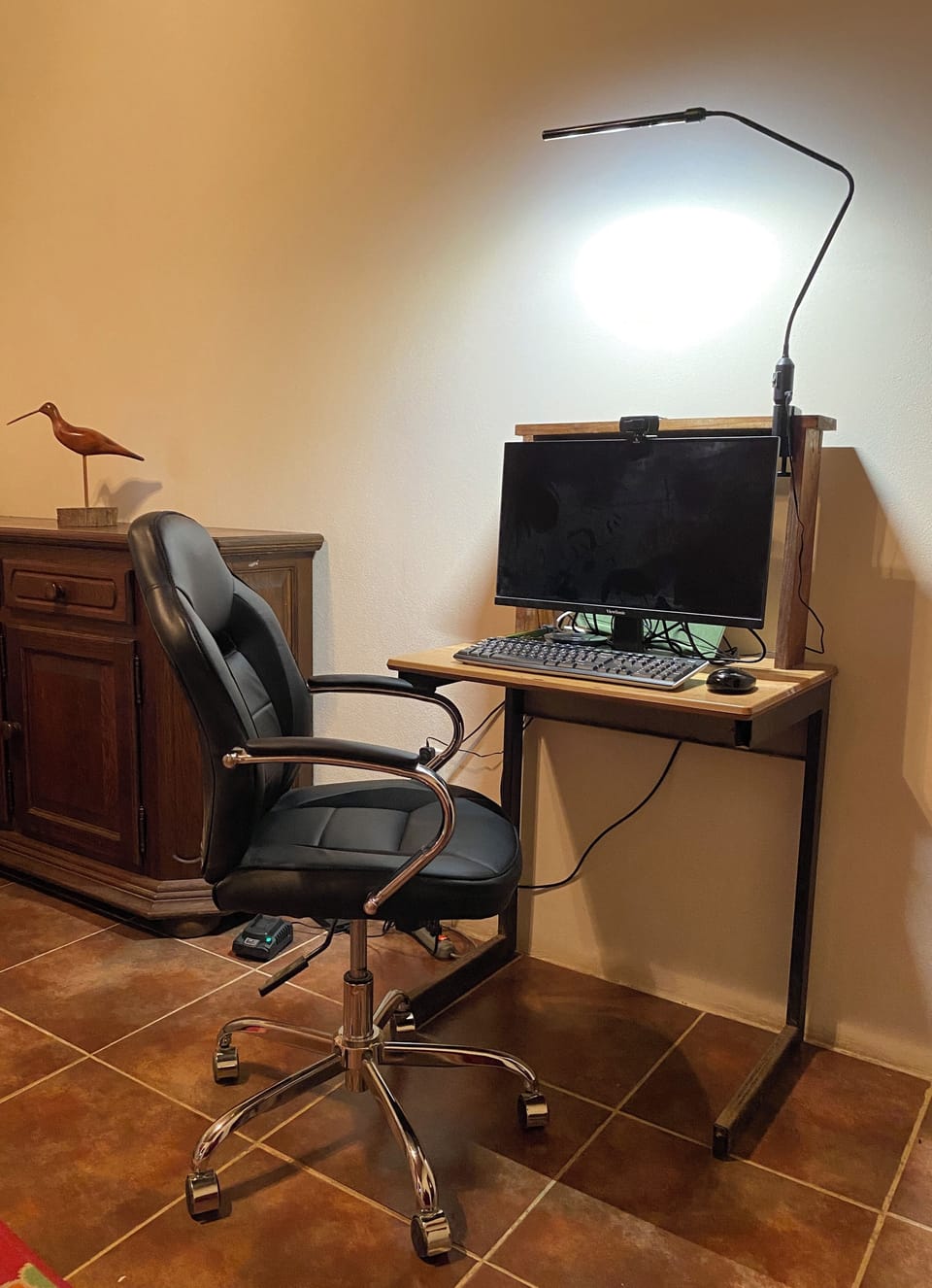 This workstation includes desk, chair, and lamp (no monitor, keyboard or mouse)