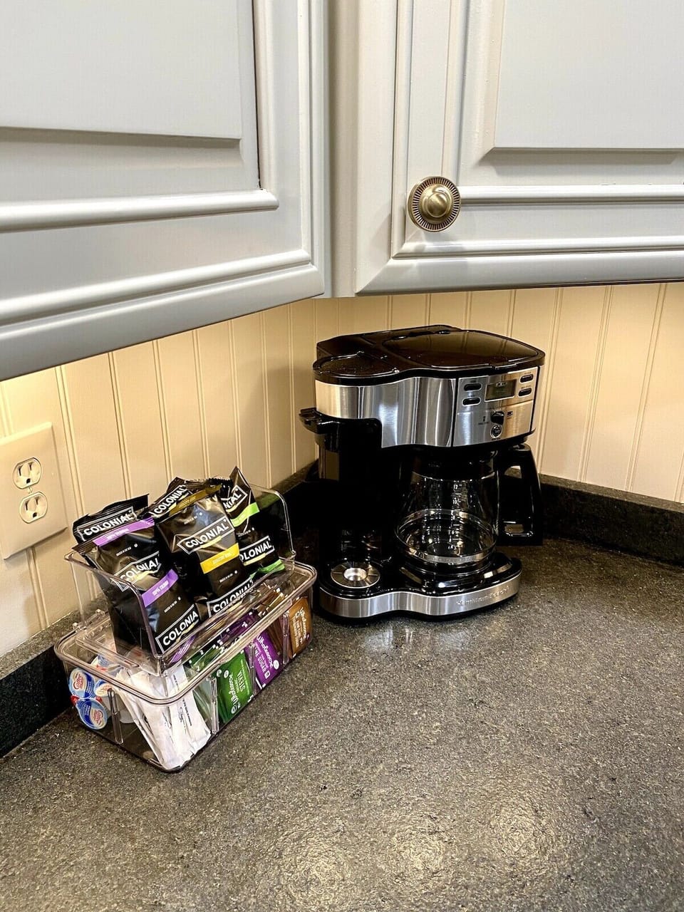 Coffee station. We provide ground coffee, cream, and sugar. We also have some tea options in the cupboard next to the stove. 
