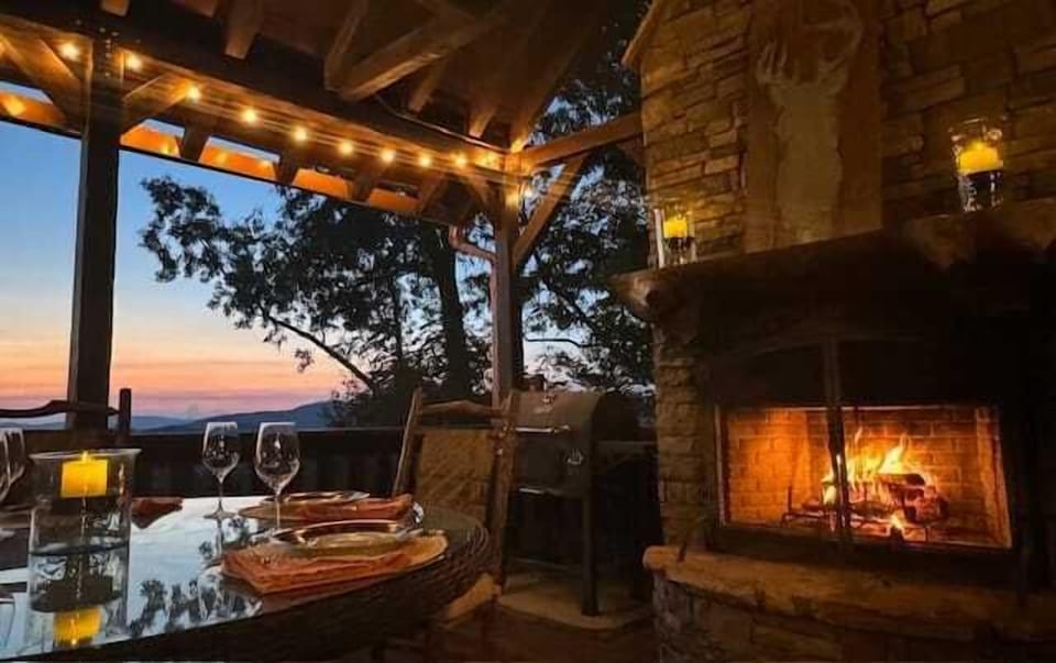 Main level deck with wood burning fireplace