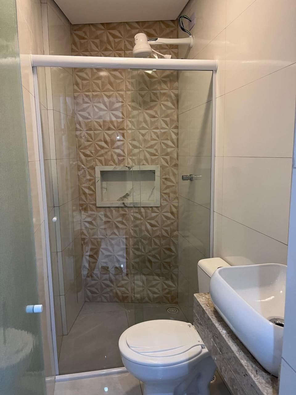 Shower, slippers, towels, soap
