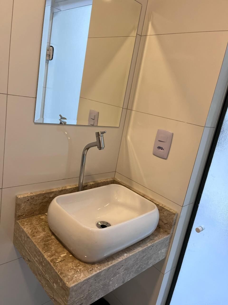 Shower, slippers, towels, soap