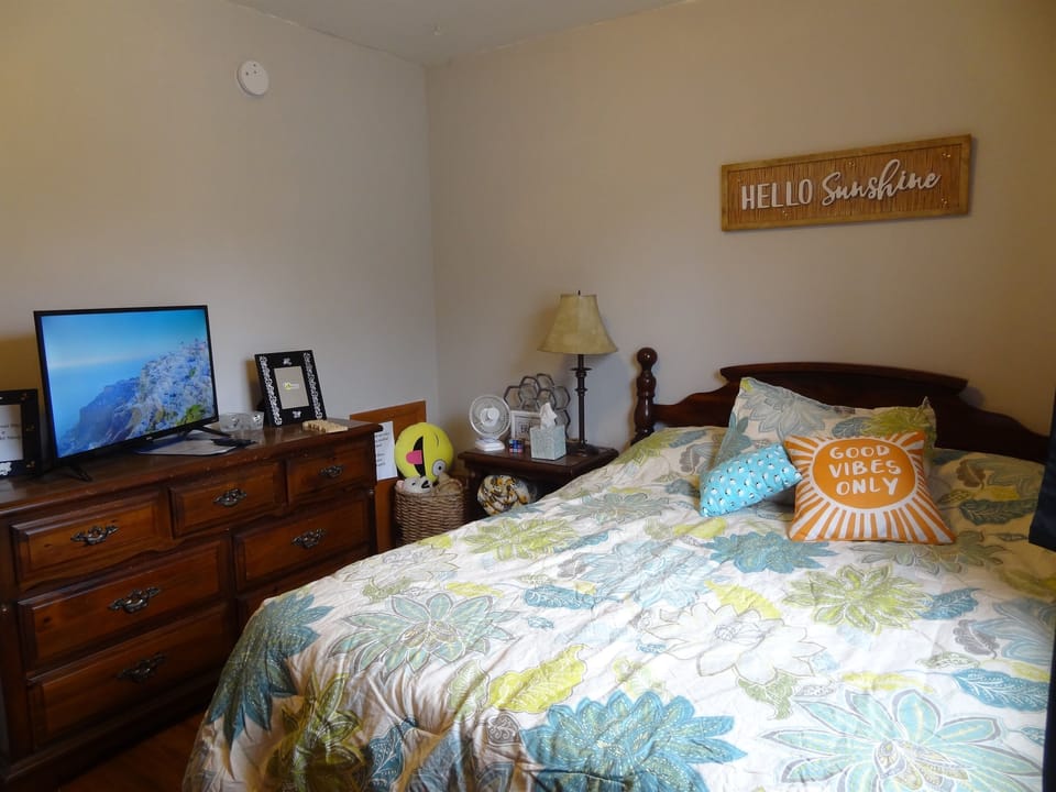 Bedroom with queen bed and Roku TV