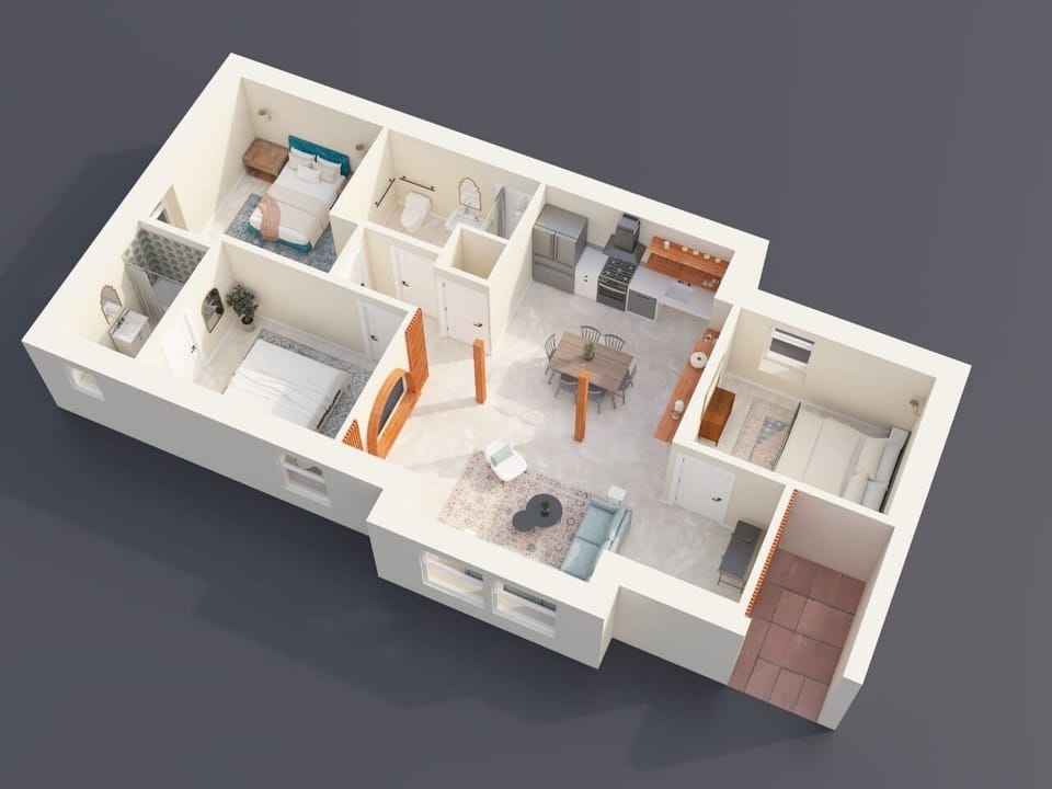 The layout: three queen bedrooms, two full baths, one big shared space