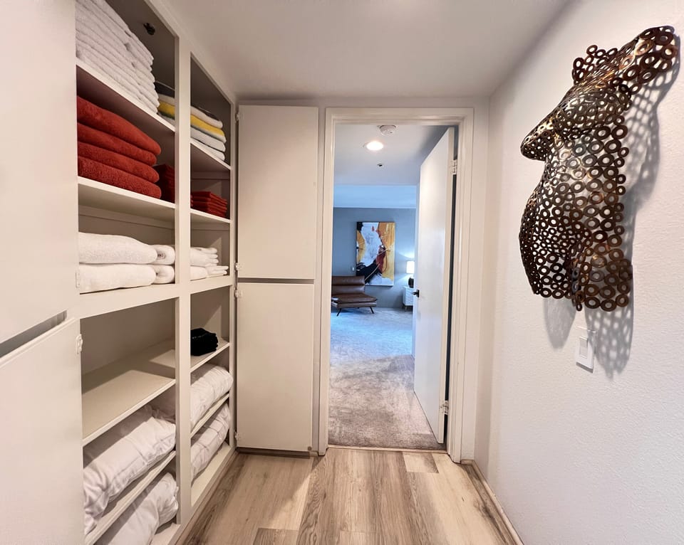 Linen closet with towels and extra pillows