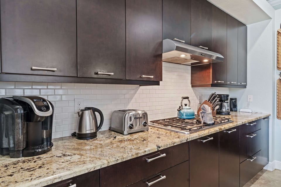 Fully equipped kitchen makes cooking simple and social.