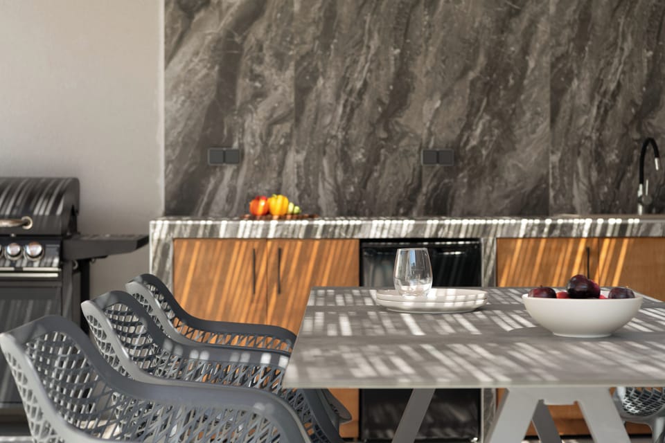 Dining settings, featuring a well equipped outdoor kitchen & BBQ (gas).