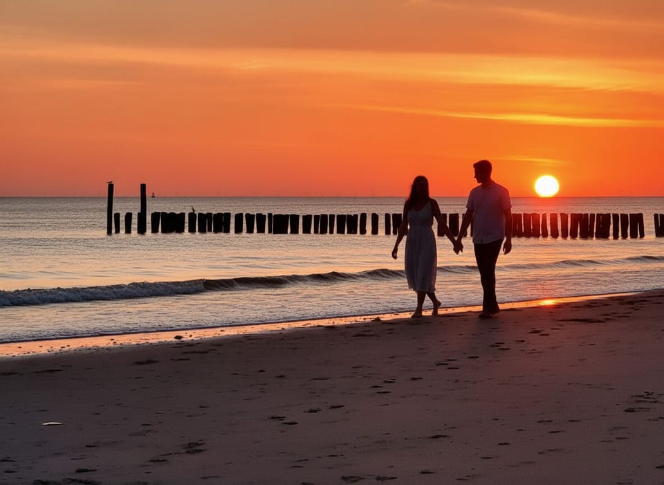 Quiet shoreline at dusk with golden skies and soothing sea breeze.