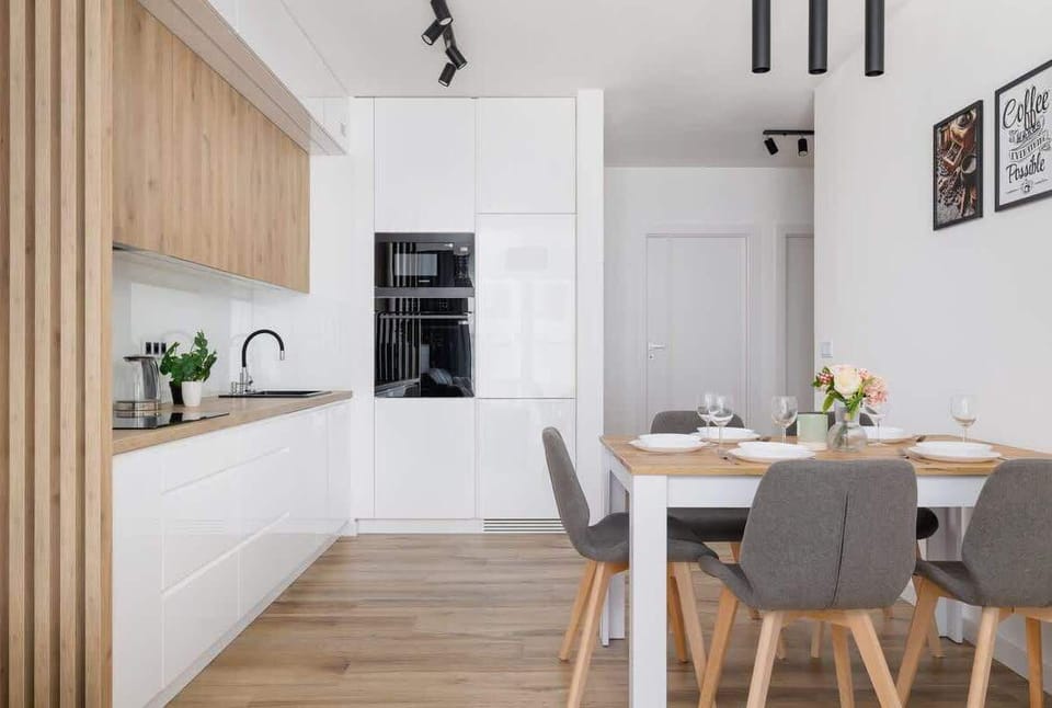 The kitchenette's practical layout maximizes space and functionality.