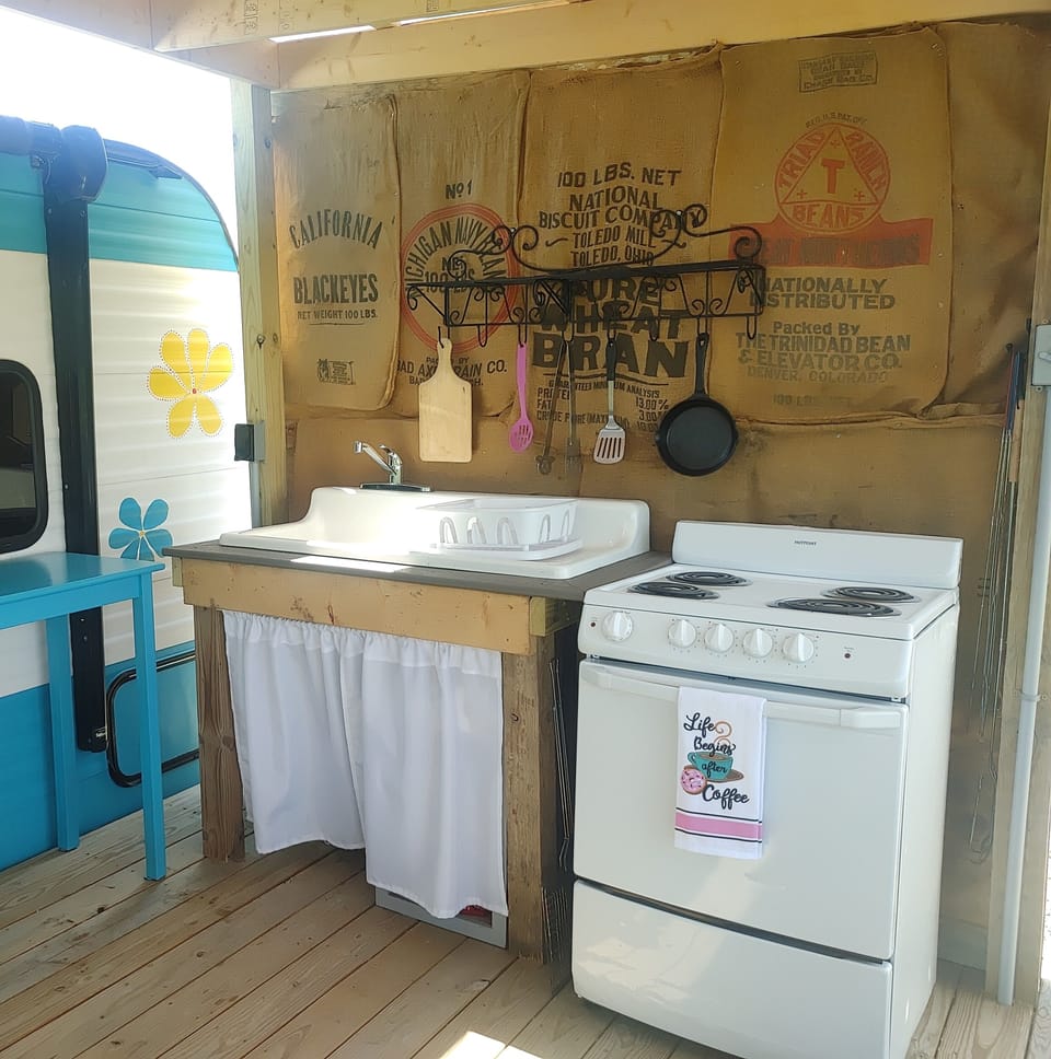 Outdoor prep and cooking area.