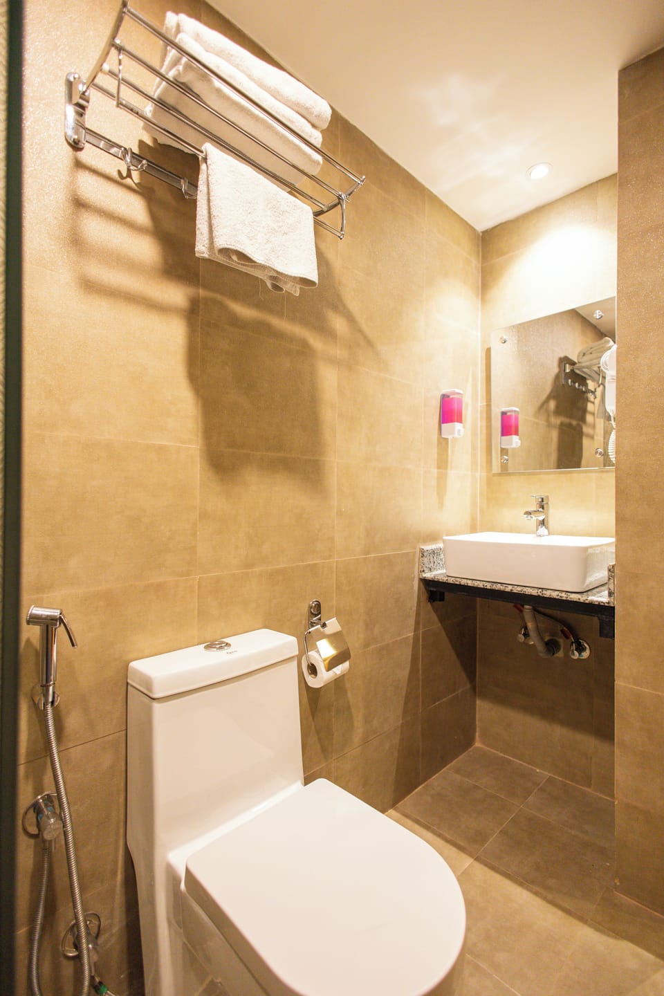 Shower, rainfall showerhead, hair dryer, slippers