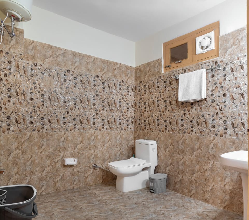 Shower, towels, shampoo, toilet paper