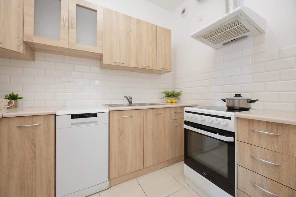 The kitchen's modern appliances make meal preparation easy.