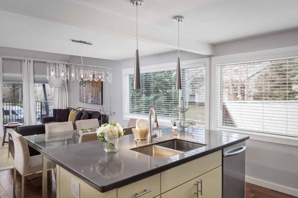 Open layout showing kitchen area looking into living room