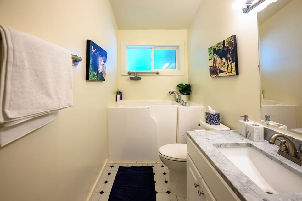 Blue House_Shared bathroom off of living room has a walk-in bath