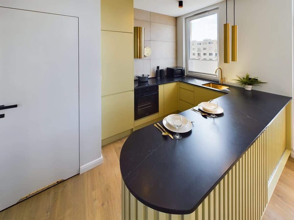 Contemporary kitchen with black countertop, light wood flooring, and minimalistic design.