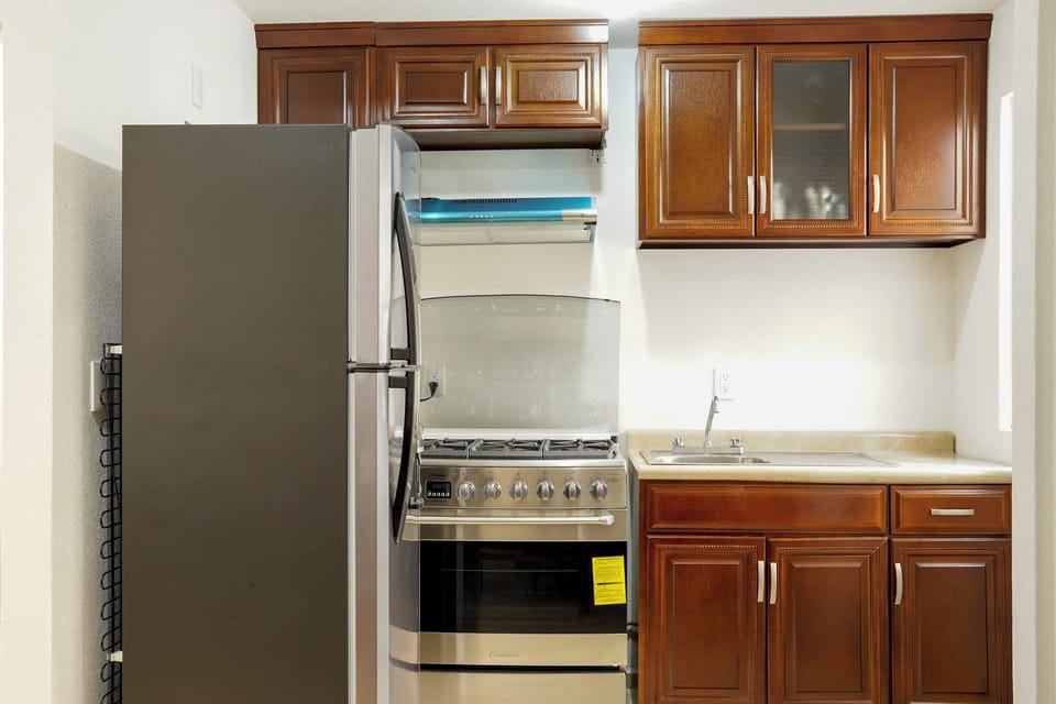Full-size fridge, microwave, oven, stovetop