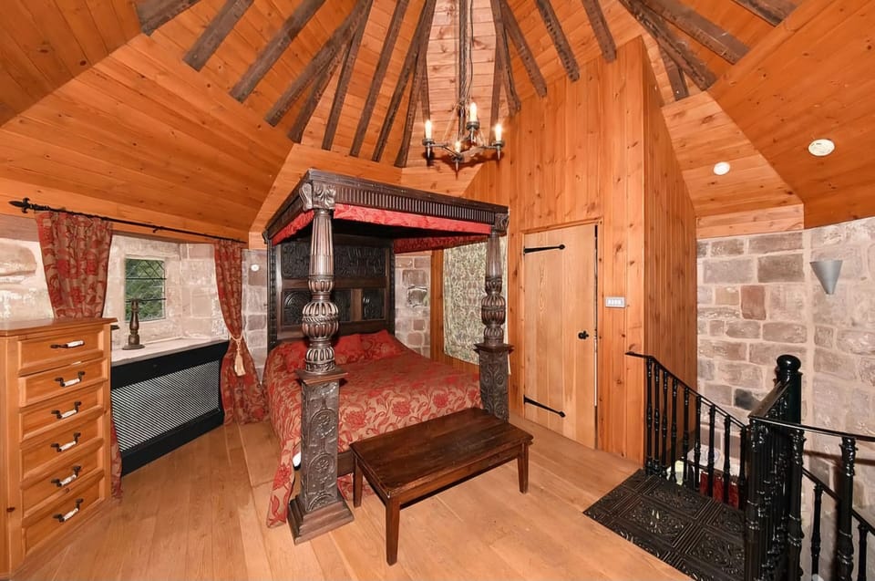 Upstairs bedroom and bathroom of one of the castle turrets