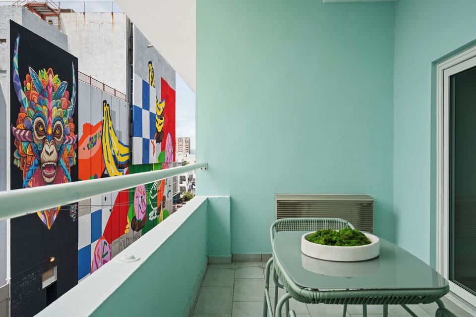 Balcony with dining table.