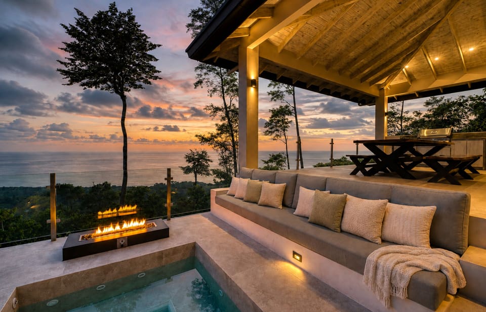 Cozy fireside lounging with an open-air kitchen and sweeping sunset views over t
