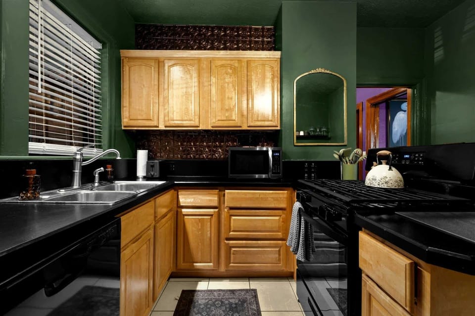 Fully stocked kitchen includes multiple pots and pans, gas range, microwave, dishwasher, icemaker in fridge, tuperware for your leftovers, kids utensils, crockpot, mixing bowls, extra glassware. 