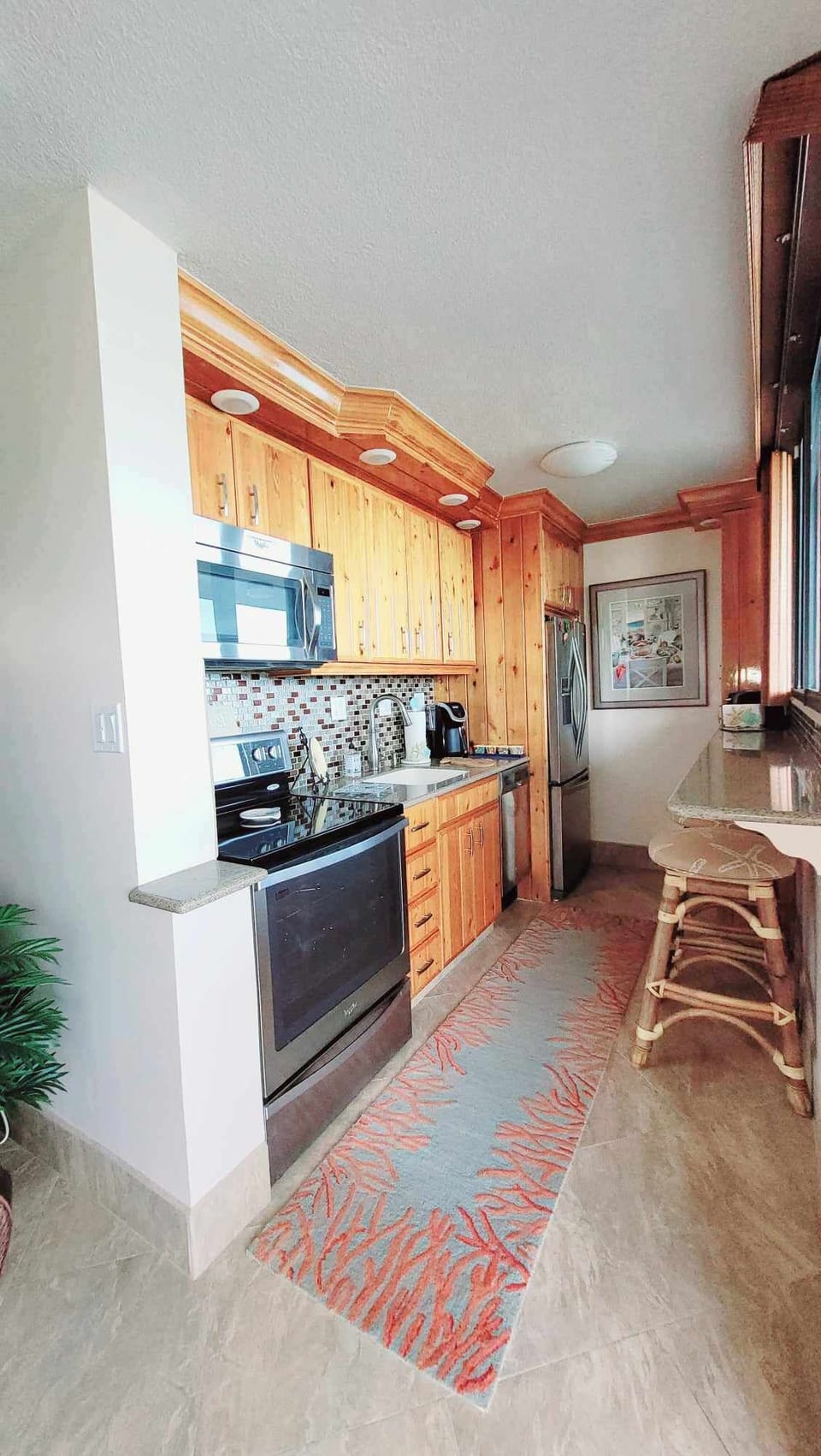 Custom functional kitchen with stainless steel appliances and oceanview counter
