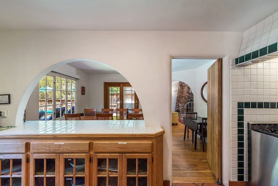 Looking from the kitchen serving window into the dining room. 