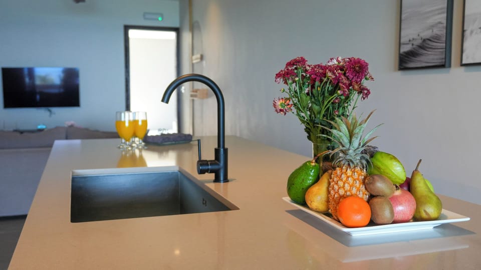 Family Apartment, 3 Bedrooms, Beach View | Private kitchen | Espresso maker, electric kettle, highchair, paper towels