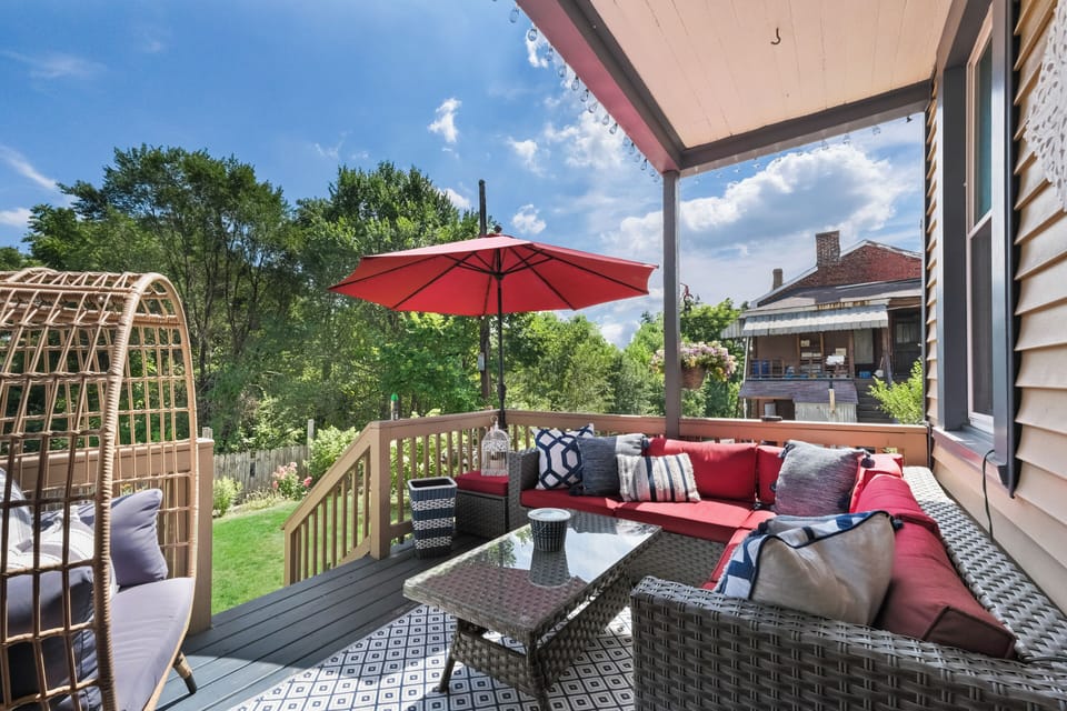 Relax under the umbrella with snacks and laughs on the family-friendly deck.