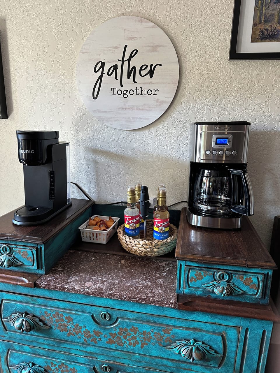 Antique coffee bar hand painted by local artist with Keurig and Cuisinart makers