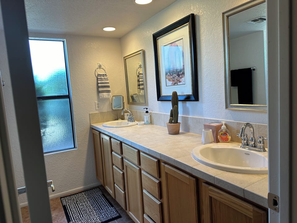 Dual sinks in primary with load of storage area and natural light